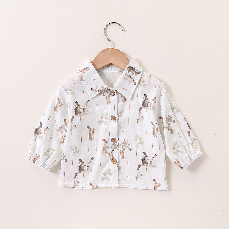 Autumn Baby Unisex Cute Rabbit Print Turn-down Collar Top and Embroidered Overalls