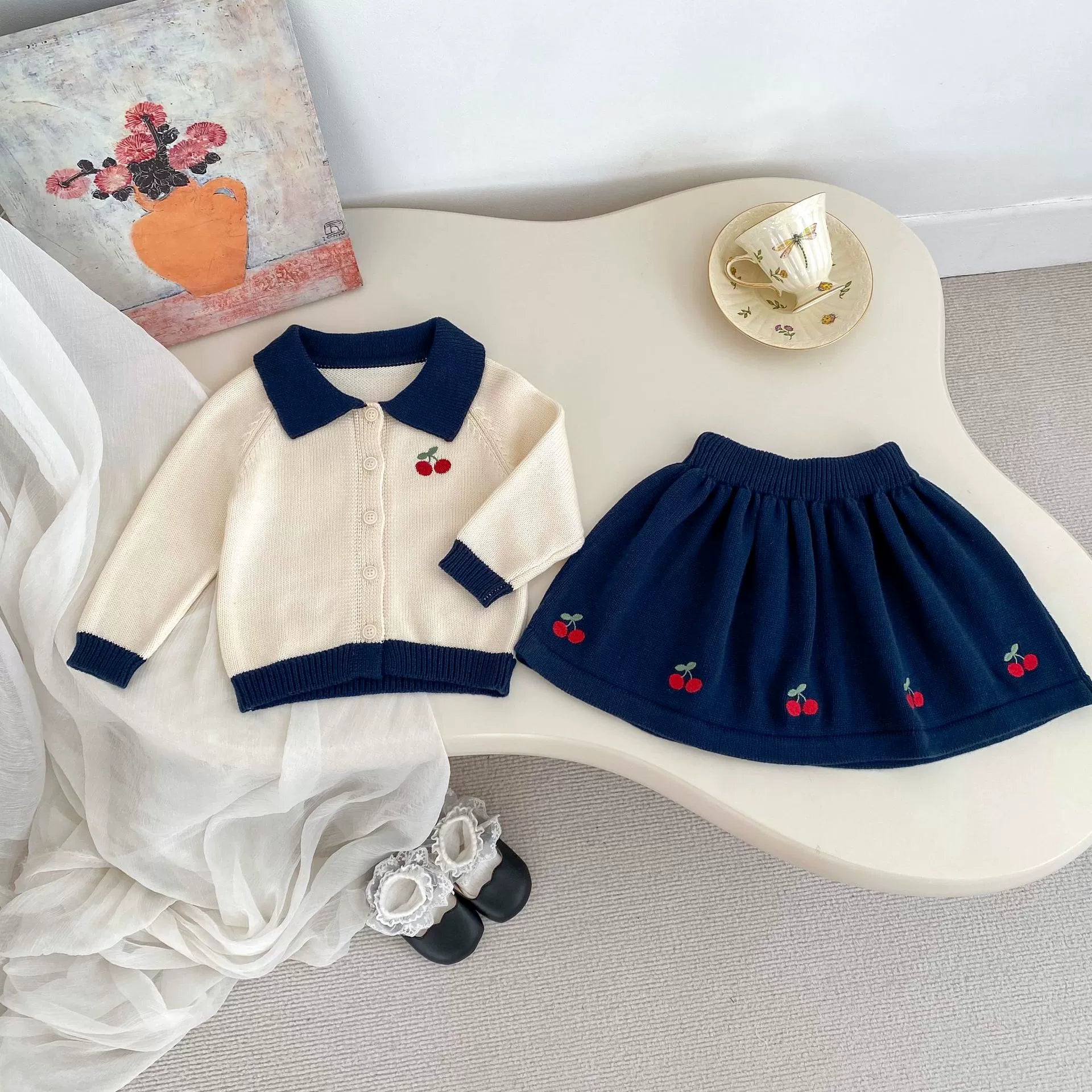 Spring and Autumn Kids Girls Cherry Embroidered Pattern Long Sleeves Knitted Cardigan and Skirt Clothing Set
