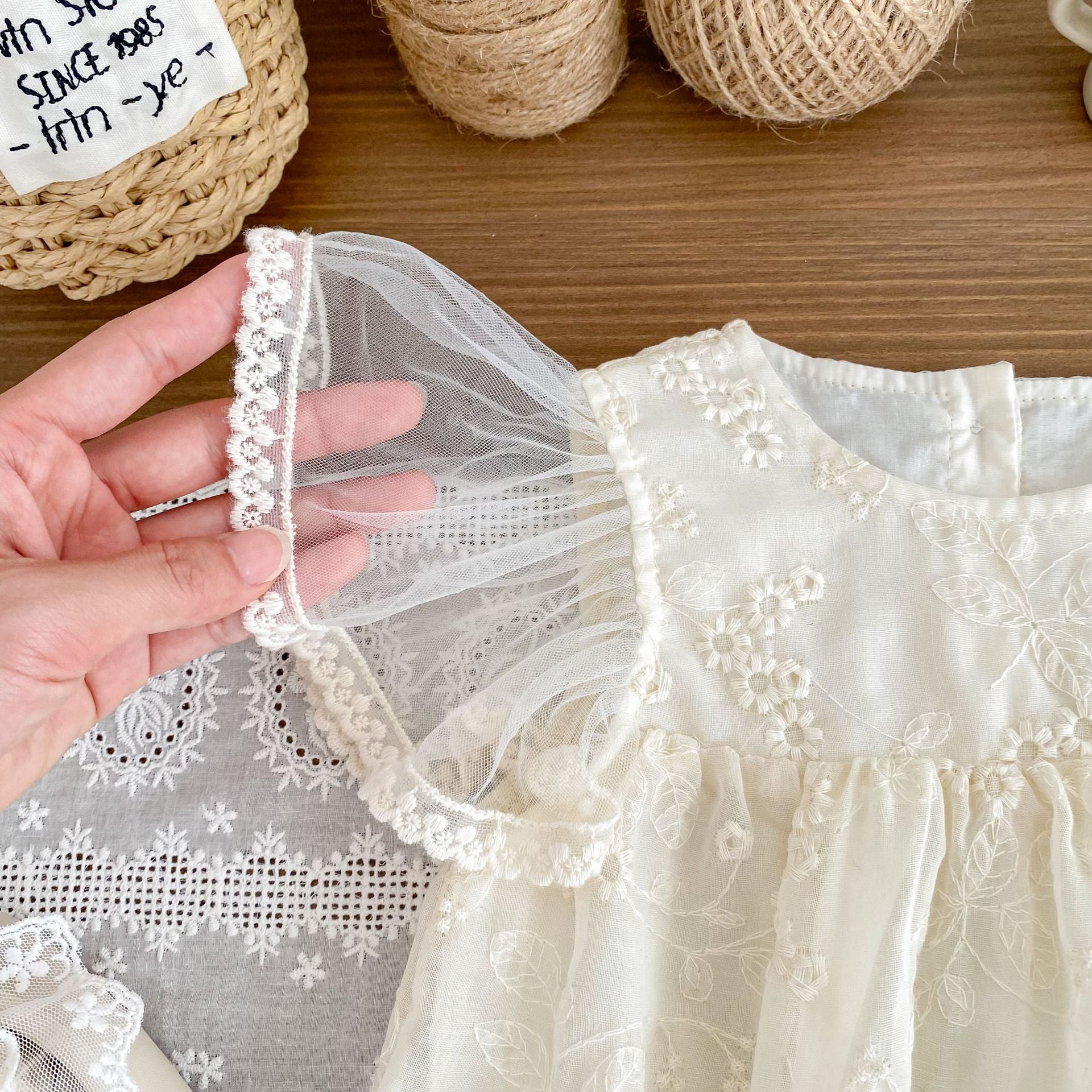 Summer Arrival Baby Girls Apricot Tulle Fly Sleeves Flowers Embroidered Pattern Onesies