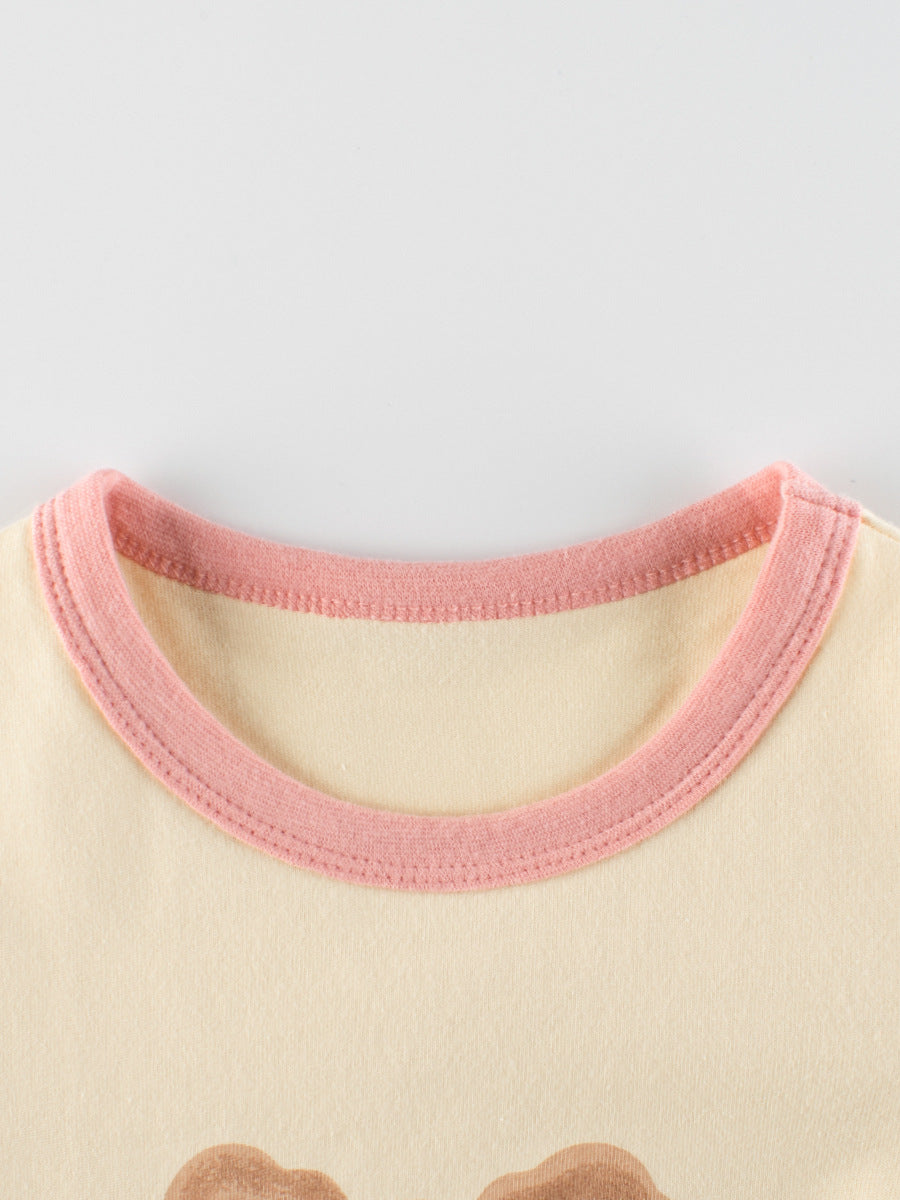 Autumn Arrival Kids Girls Teddy Print Crew Neck Long Sleeves Color Patchwork Shirt