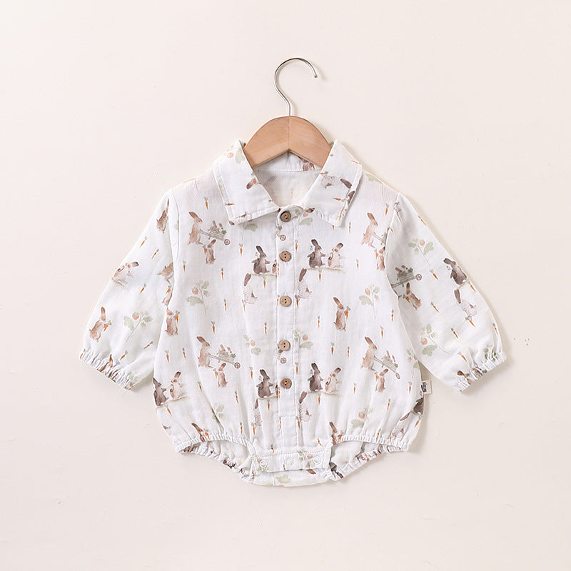Autumn Baby Unisex Cute Rabbit Print Turn-down Collar Top and Embroidered Overalls