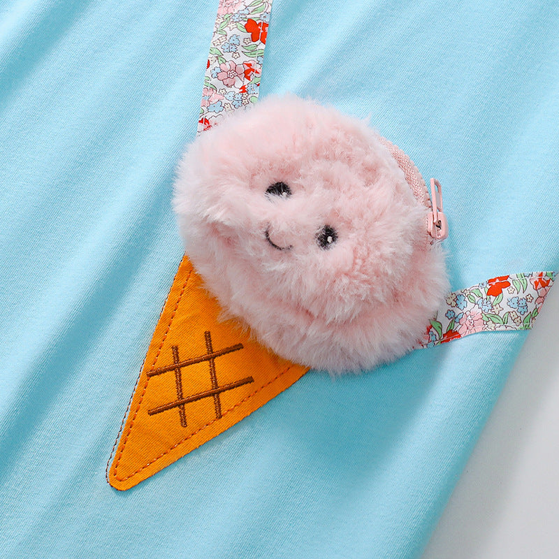 Summer Arrival Ice-Cream Cartoon Pattern Short Sleeves Dress for Stylish Girls
