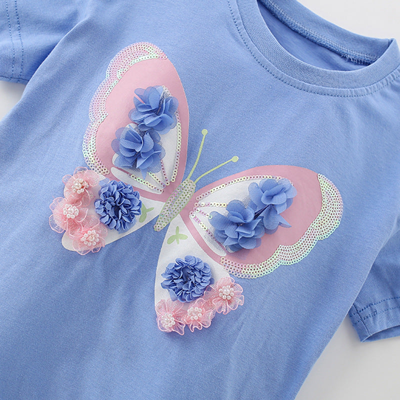 Summer Baby Kids Flowers and Butterfly Pattern T-shirt and Skirt Clothing Set for Girls