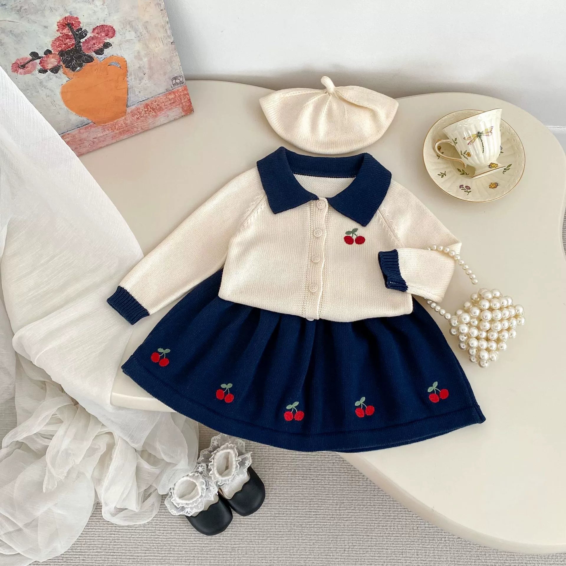Spring and Autumn Kids Girls Cherry Embroidered Pattern Long Sleeves Knitted Cardigan and Skirt Clothing Set