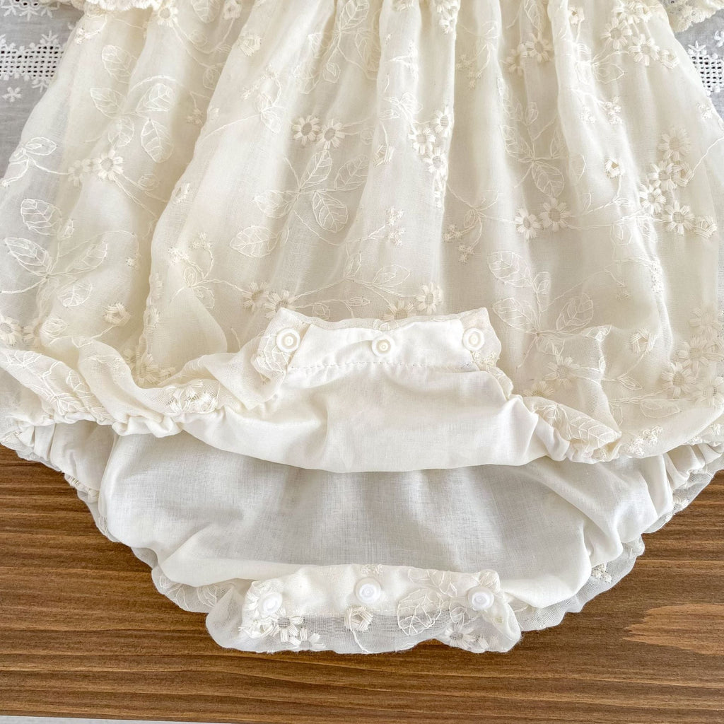 Summer Arrival Baby Girls Apricot Tulle Fly Sleeves Flowers Embroidered Pattern Onesies