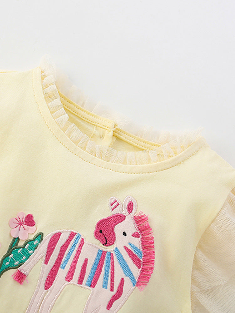 Summer Arrival Animals Cartoon Pattern Fly Sleeves Tulle Patchwork Dress for Stylish Girls