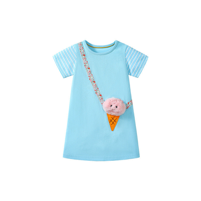 Summer Arrival Ice-Cream Cartoon Pattern Short Sleeves Dress for Stylish Girls