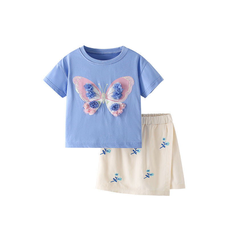 Summer Baby Kids Flowers and Butterfly Pattern T-shirt and Skirt Clothing Set for Girls