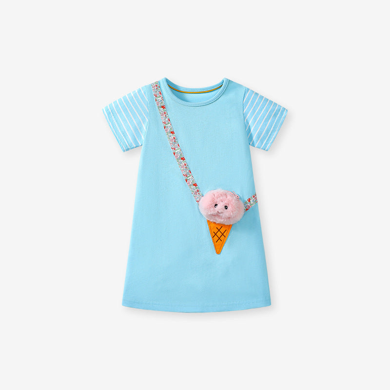 Summer Arrival Ice-Cream Cartoon Pattern Short Sleeves Dress for Stylish Girls