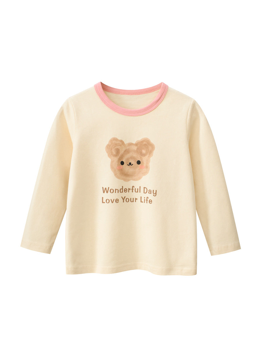 Autumn Arrival Kids Girls Teddy Print Crew Neck Long Sleeves Color Patchwork Shirt