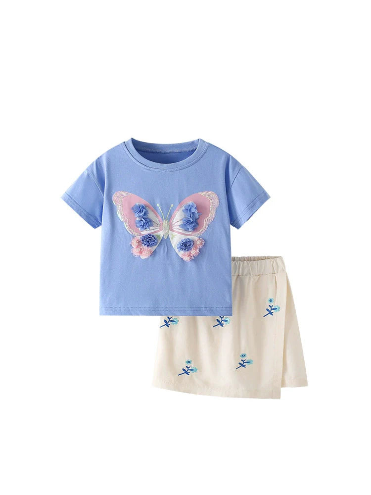 Summer Baby Kids Flowers and Butterfly Pattern T-shirt and Skirt Clothing Set for Girls