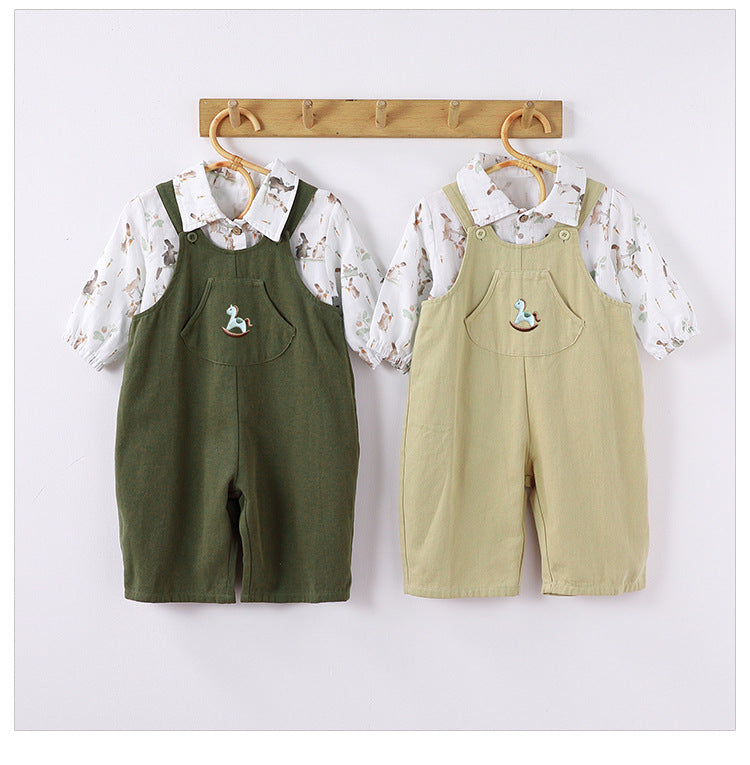 Autumn Baby Unisex Cute Rabbit Print Turn-down Collar Top and Embroidered Overalls