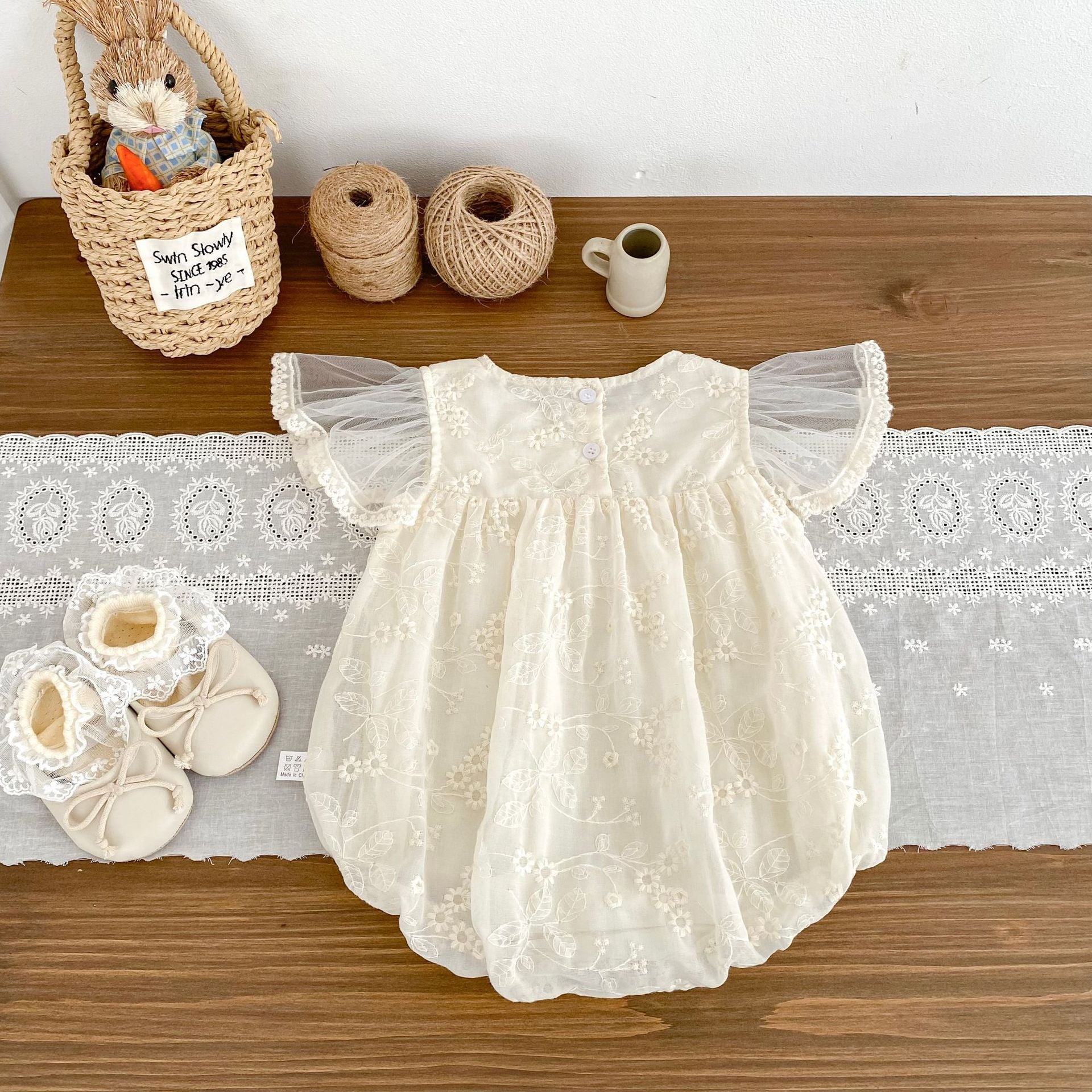 Summer Arrival Baby Girls Apricot Tulle Fly Sleeves Flowers Embroidered Pattern Onesies