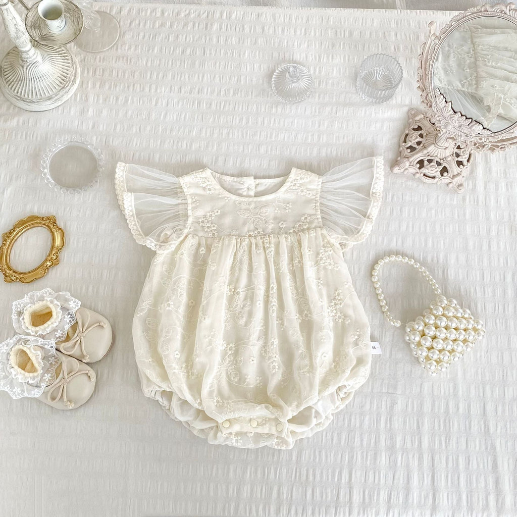 Summer Arrival Baby Girls Apricot Tulle Fly Sleeves Flowers Embroidered Pattern Onesies