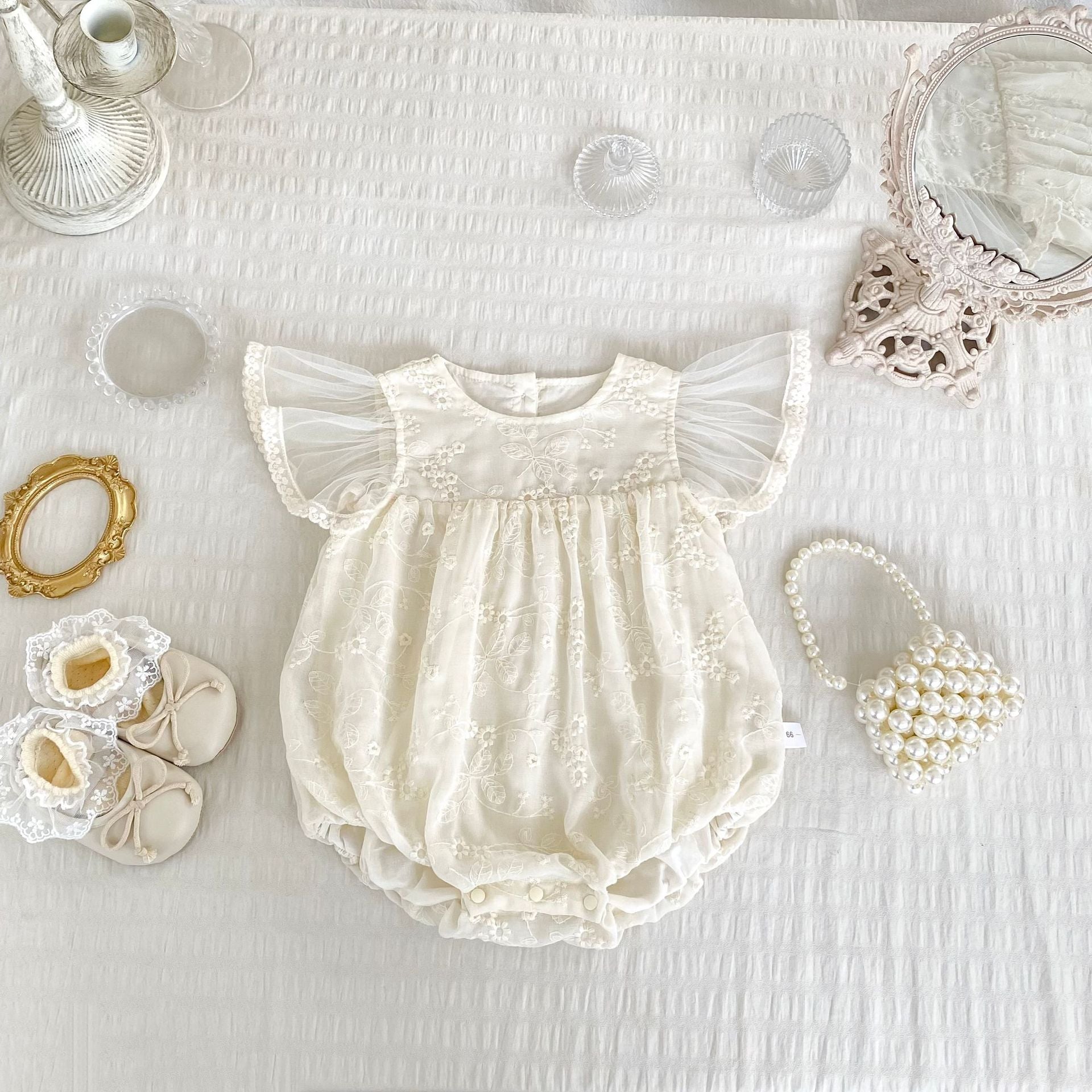 Summer Arrival Baby Girls Apricot Tulle Fly Sleeves Flowers Embroidered Pattern Onesies